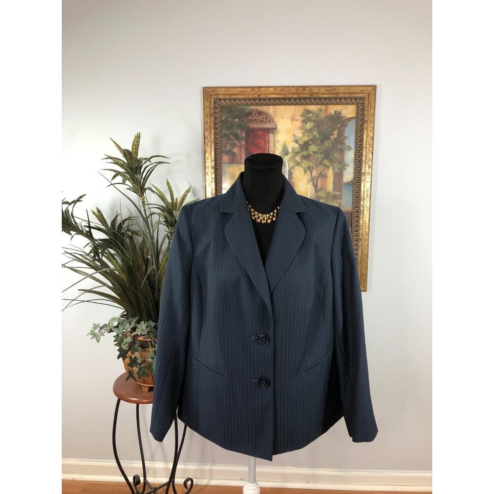 Vtg Evan-Picon Pinstripe Blazer Women's 14W Navy Two-Button Sophisticated Preppy